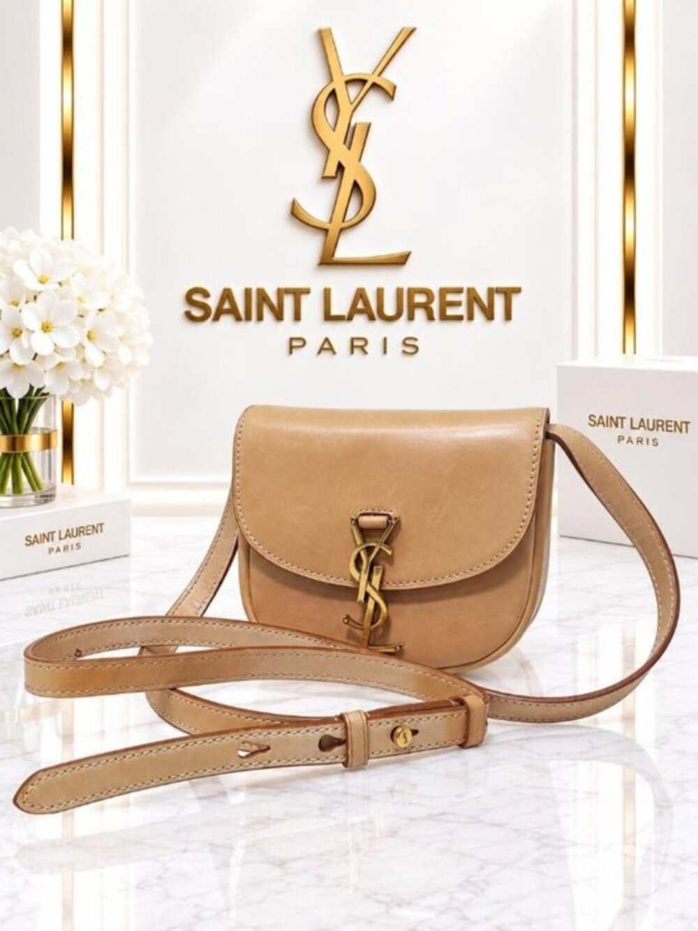 Authentic Saint Laurent YSL Kaia Tan Leather Crossbody Bag Gold Logo Luxury